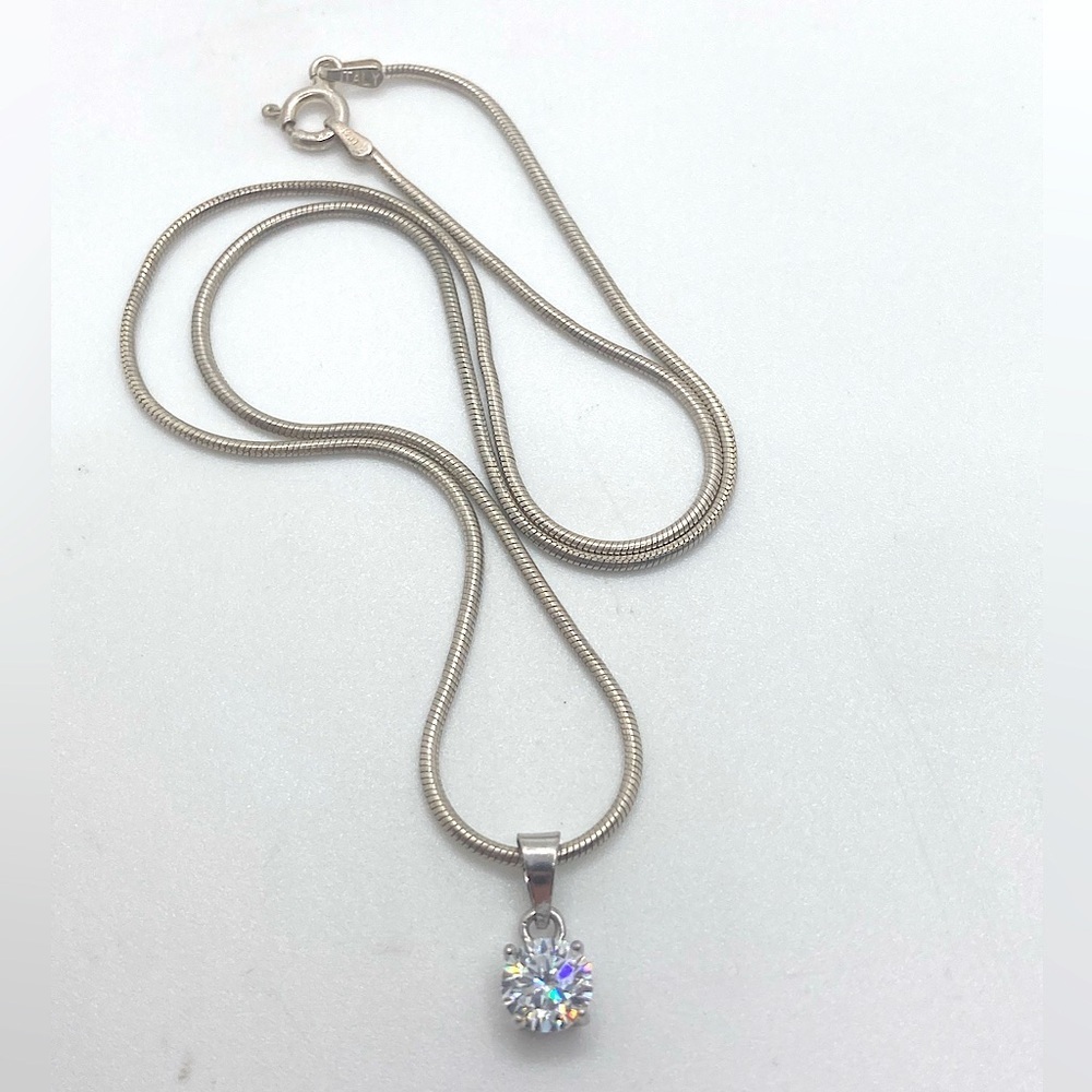 Vtg Sterling Silver Snake Chain & Solitaire Cz Stone Pendant / 16” + .5” Pendant